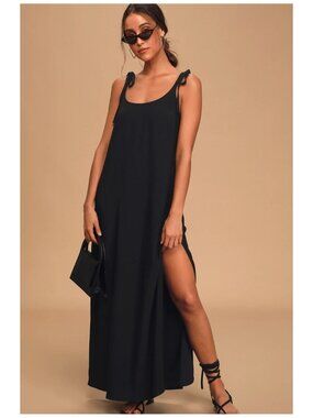 Lulus Salt Water Breeze Tie-Strap Maxi Dress Size M Scoop Neckline Black EUC